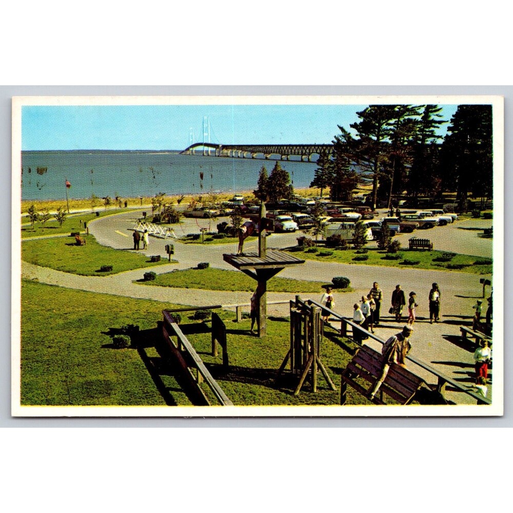 Postcard Michigan Mackinaw City Fort Michilimackinac Unposted c1960s Bridge Cars